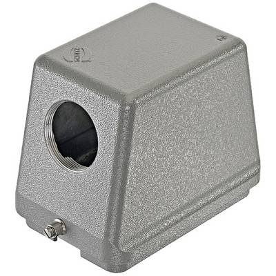 Grey, metallic rectangular housing with a round opening on one side and a small screw at the bottom.