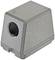 Grey, metallic rectangular housing with a round opening on one side and a small screw at the bottom.