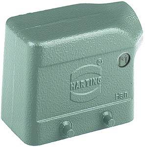 Metal enclosure in green colour with the print 'HARTING'. Has two mounting screws on the underside.