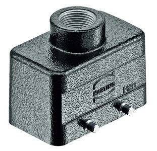 Black metal screw cap with threaded opening at the top and two small pins at the bottom. Primarily used for industrial applications.