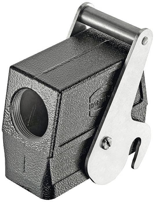 Black and grey manual metal tin opener with an ergonomic handle and robust lever mechanism.