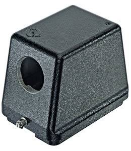 Black enclosure with a rectangular shape and a circular hole on one side, used for industrial or technical applications.