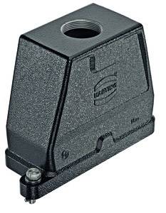 Black electrical junction box with visible logo and screw connection on top, for industrial wiring or machine connections.