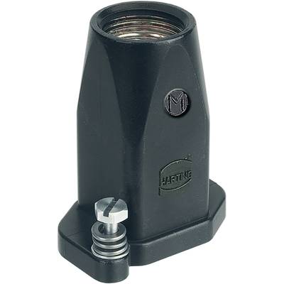 Black socket housing with hexagonal shape, metal insert on top, silver screw at the bottom. 'Harting' brand visible on the side.