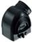 Black plastic housing with printed logo and cable entry, used for electrical connection and protection.