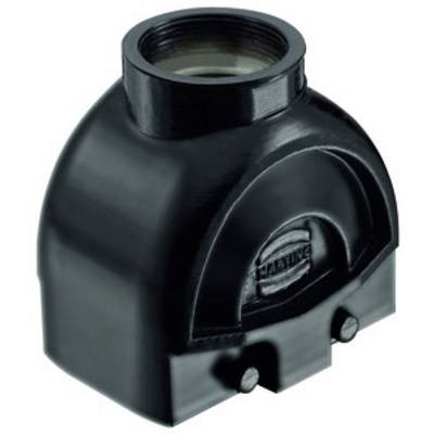 Black, rounded housing component with upper threaded connection and embossed logo on the side, used for industrial applications.