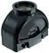 A black, curved protective housing with a round opening at the top, suitable for industrial applications or machine parts.