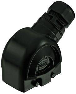 Black, angular electrical component with ridged connection, suitable for industrial or technical applications.
