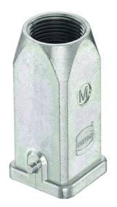 Metal threaded socket with hexagonal shape, silver-coloured, marked with 'M'.