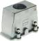 A grey industrial connector housing with screw fastenings and a logo on it.