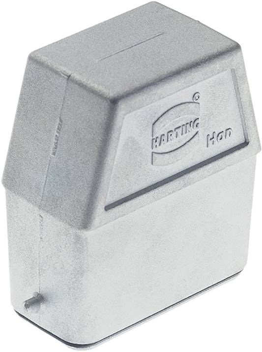 Metallic plug housing cover with Harting logo, trapezoidal in shape, used in industrial applications to protect electrical connectors.
