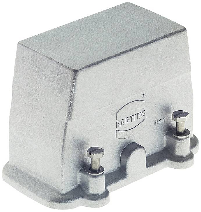 Rectangular, grey Harting connector housing with two screws on top.