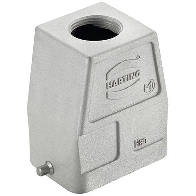 Metal housing for industrial electrical connectors, silver, with the inscription 'Harting' and 'Han'.
