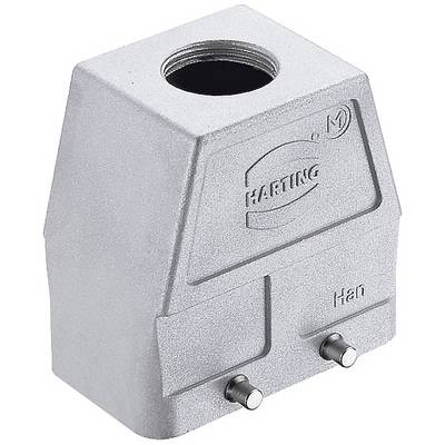 Housing component of an industrial connector with screw locks and the inscription 'HARTING'. Rectangular shape, suitable for electrical connections.