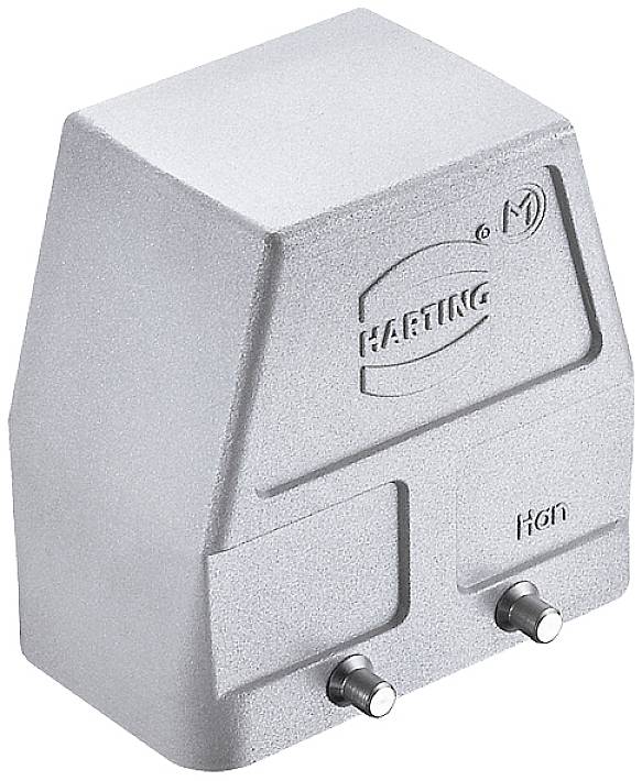 Metal electrical connector housing with the 'HARTING' inscription. Raised front face for additional protection.