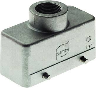 Rectangular, grey industrial connector housing with a protruding threaded socket and two lateral entry points.