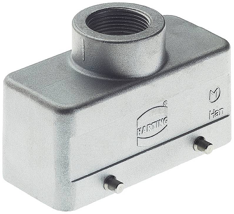 Metal housing by HARTING for industrial connectors, showing two mounting screws and an upper opening for cables.