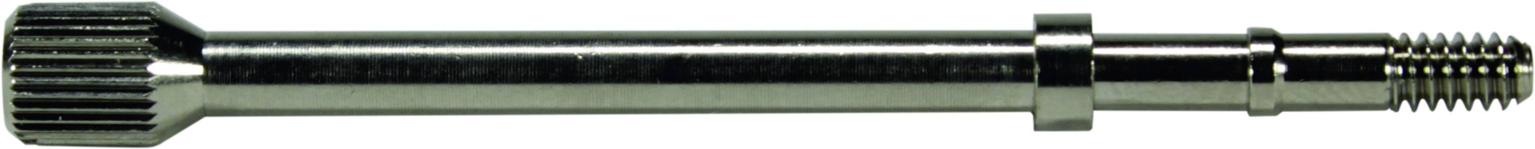 A silver, elongated metal shaft with a toothed head end and threading on the opposite side.