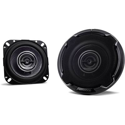 'Two black Kenwood speakers: one in a square shape, the other in a round form. They are intended for audio systems.'