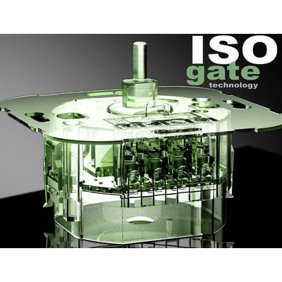 A transparent device with the inscription 'ISO gate technology'; showing mechanical components and a central axis.