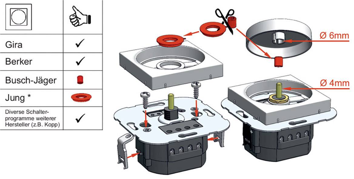 'Installation Instructions for Light Switches with Specific Spacer Rings. Compatible with Gira, Berker, Busch-Jäger, Jung.'