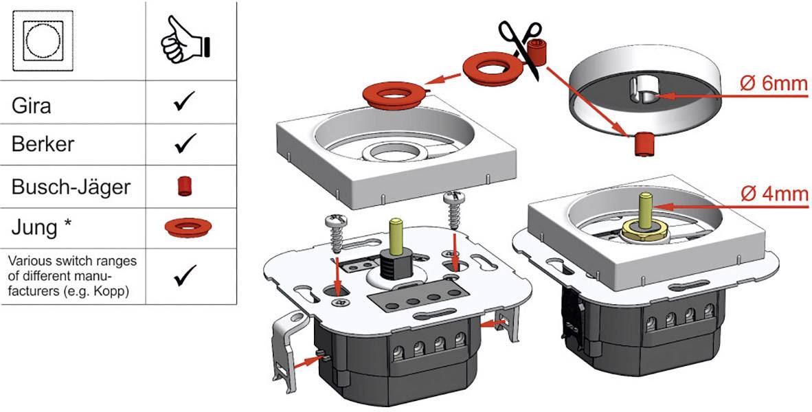 'Diagram shows various switch components for Gira, Berker and Busch-Jäger. Highlighted: Small parts with dimensional specifications.'