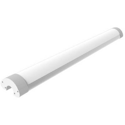 Long, white LED light tube with grey end caps, viewed diagonally from the side.