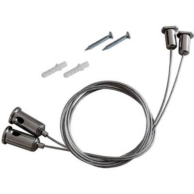 Two metal cables with mounting clips and two screws with wall plugs for installation, likely for suspended fittings.