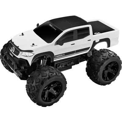 Toy car in an off-road style with large wheels and a white and black design, labelled 'Carbon X' on the side, against a white background.