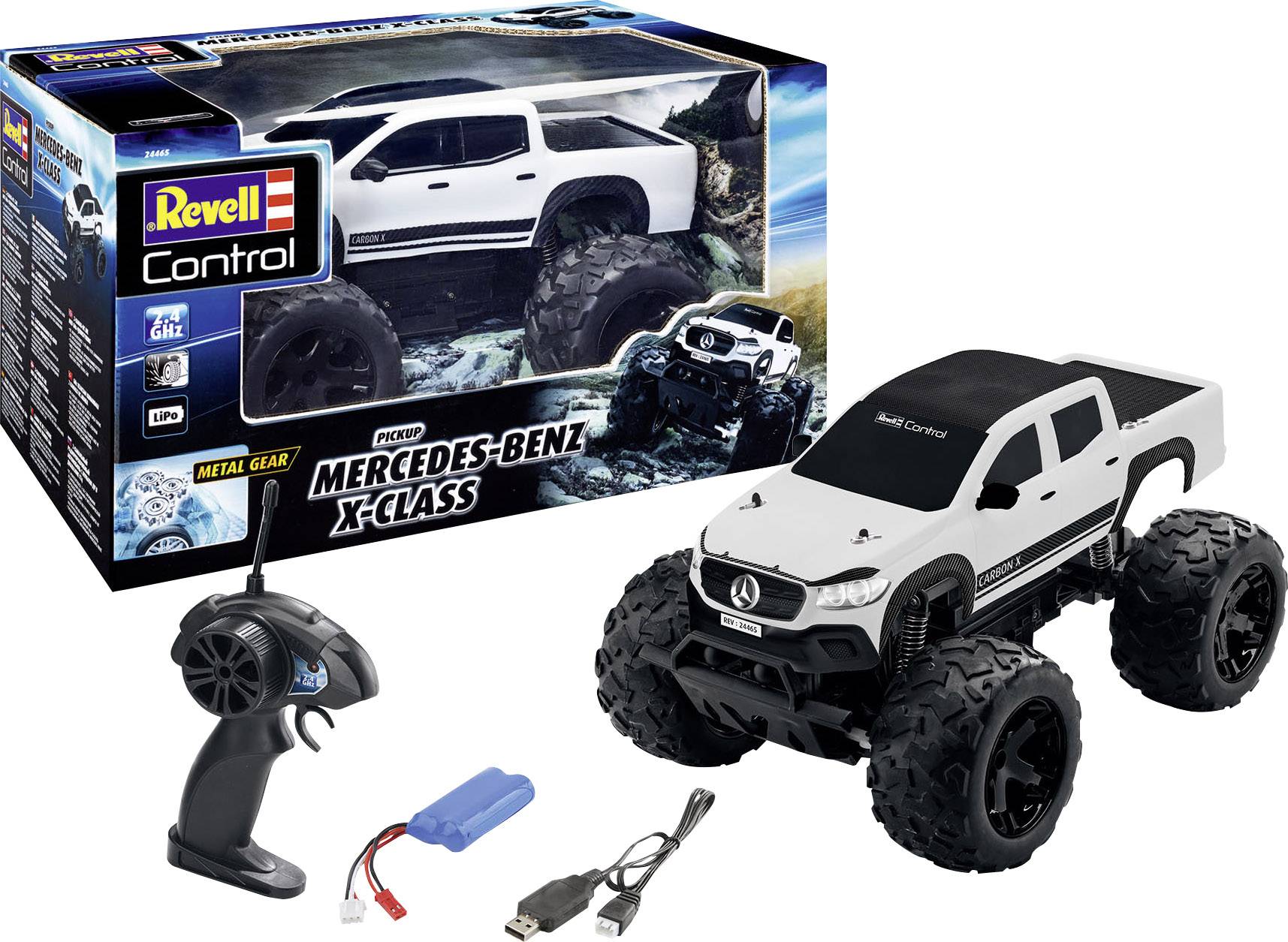 Remote-controlled car 'Mercedes-Benz X-Class' by Revell, with remote control, battery and charging cable. Model and packaging shown.