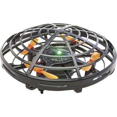Small drone with black protective grids and orange rotor blades. A green light indicator illuminates in the centre.