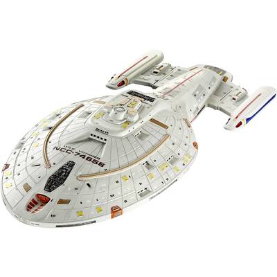 A spacecraft model with the inscription 'USS Voyager NCC-74656'. White with red and blue details, futuristic design.