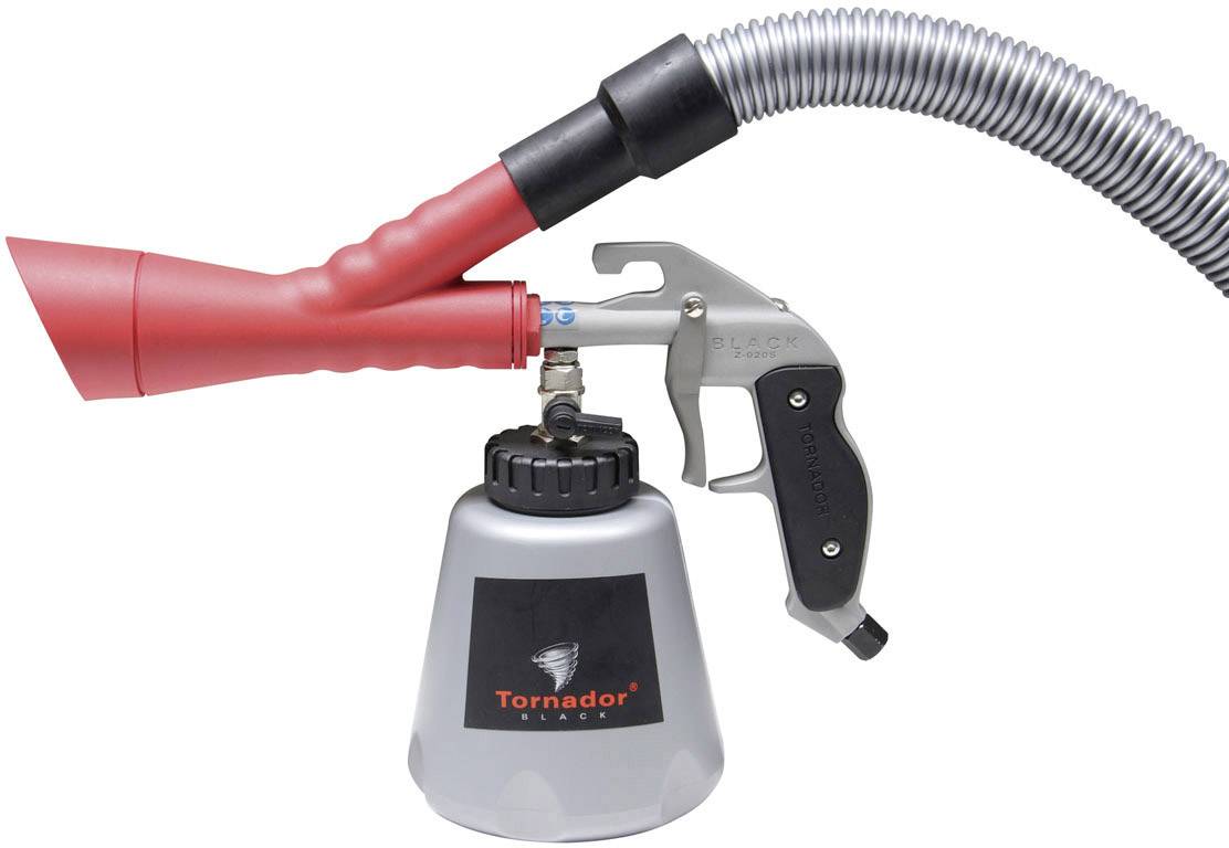 A compressed air cleaning device with a red funnel and a flexible grey hose, ideal for surface cleaning.