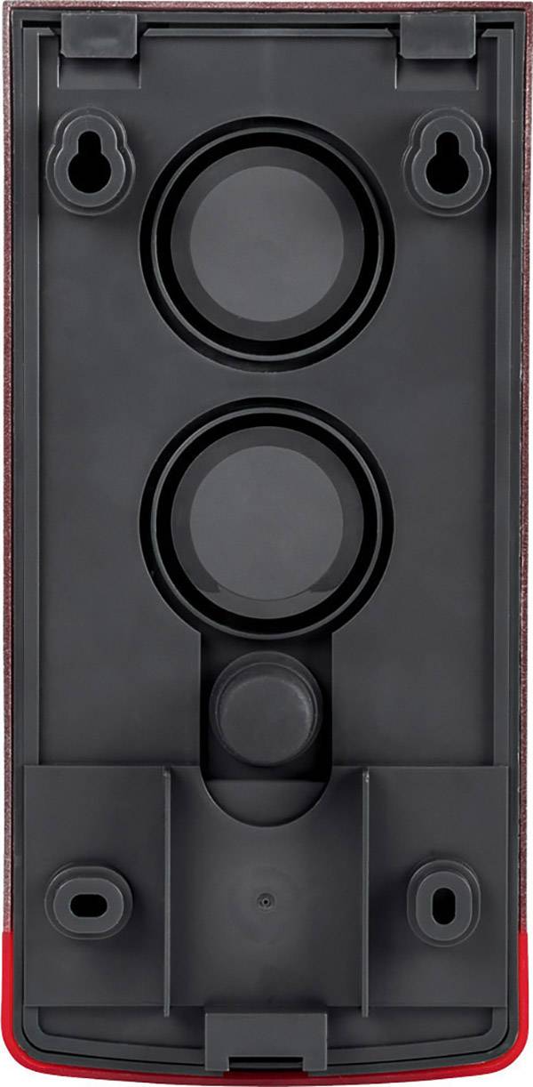 Black plastic mounting bracket with two round cut-outs and a smaller cut-out beneath, likely for electronic components.
