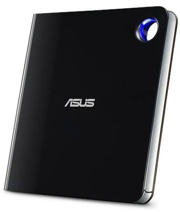 External ASUS hard drive in glossy black with blue LED indicator, suitable for data storage and backup.