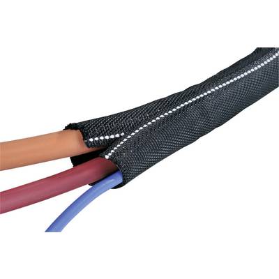 A black, woven cable protective sleeve encompasses three cables in the colours orange, red, and blue.