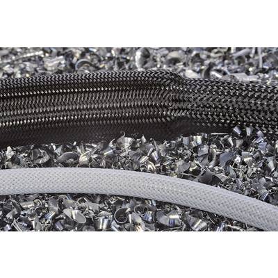 A black and a grey braided cable lie on a pile of metallic shavings.