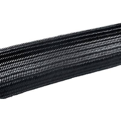 Black, braided plastic cable protection sleeve that bundles and protects cables.