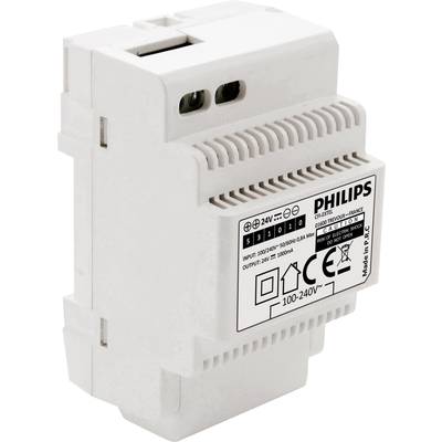A white Philips power supply unit for DIN rail mounting, input 100-240 V, output 24 V/3.75 A, with CE marking on the front.