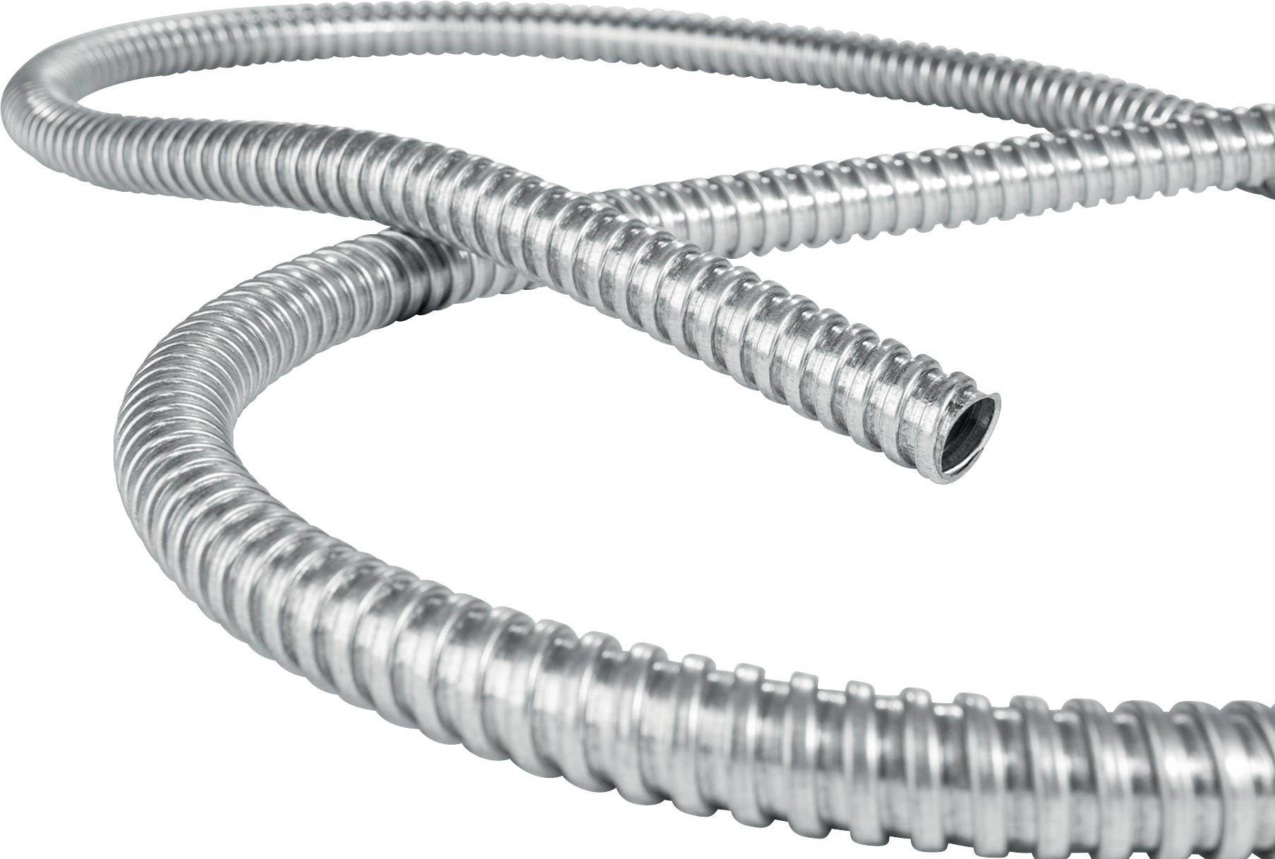 Metal corrugated flexible conduit with a spirally wound structure, primarily used in installations and wiring.