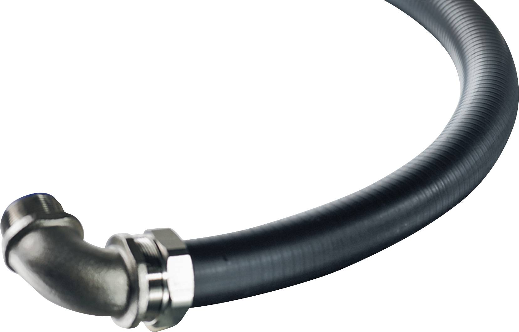 A curved black hose with a metal coupling at one end, used for connecting pipes.