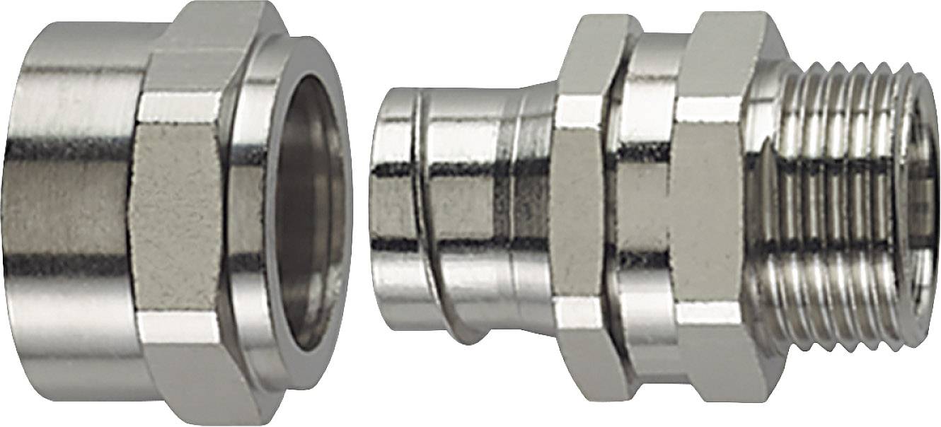 Two metal fastenings, a hexagonal nut and a ribbed pipe section, lie side by side, ready for assembly.