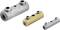 Three metal connection couplings of different sizes, one in brass and two in silver, with screws at the ends.