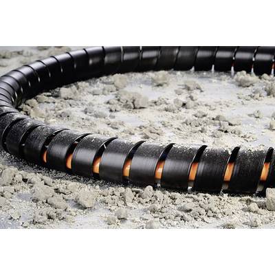 A spiral-shaped protective sleeve lies on a sandy surface, partially concealing an orange cable within it.