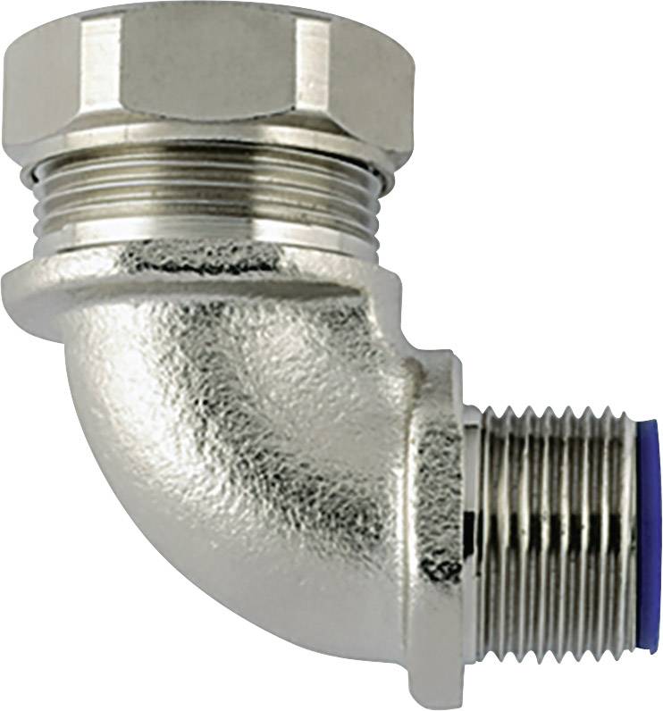A nickel-plated brass angle fitting with external thread, for connecting pipes or hoses at a 90-degree angle.