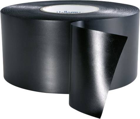 Black electrical insulating tape on a large roll, partially unrolled. Used for insulating electrical cables.