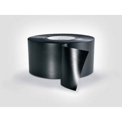 A roll of black adhesive tape with a slightly peeled end piece on a grey background.