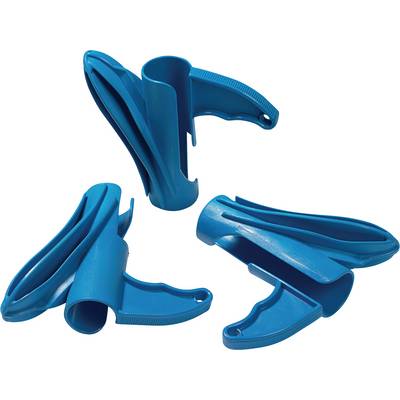 Blue plastic device for holding dog or cat food tins. Three parts, each with an open shape.