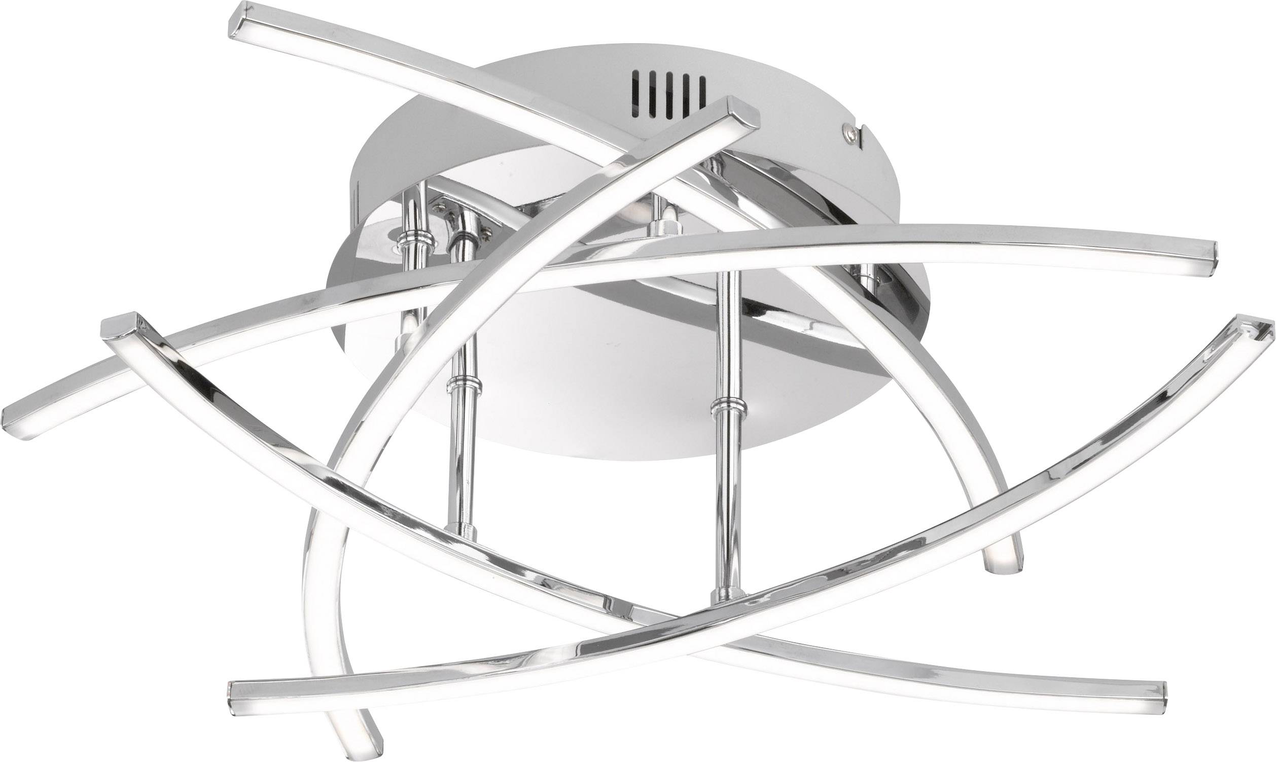 Modern ceiling light with curved, chrome-plated metal struts and integrated LED strips. Suitable for contemporary living spaces.