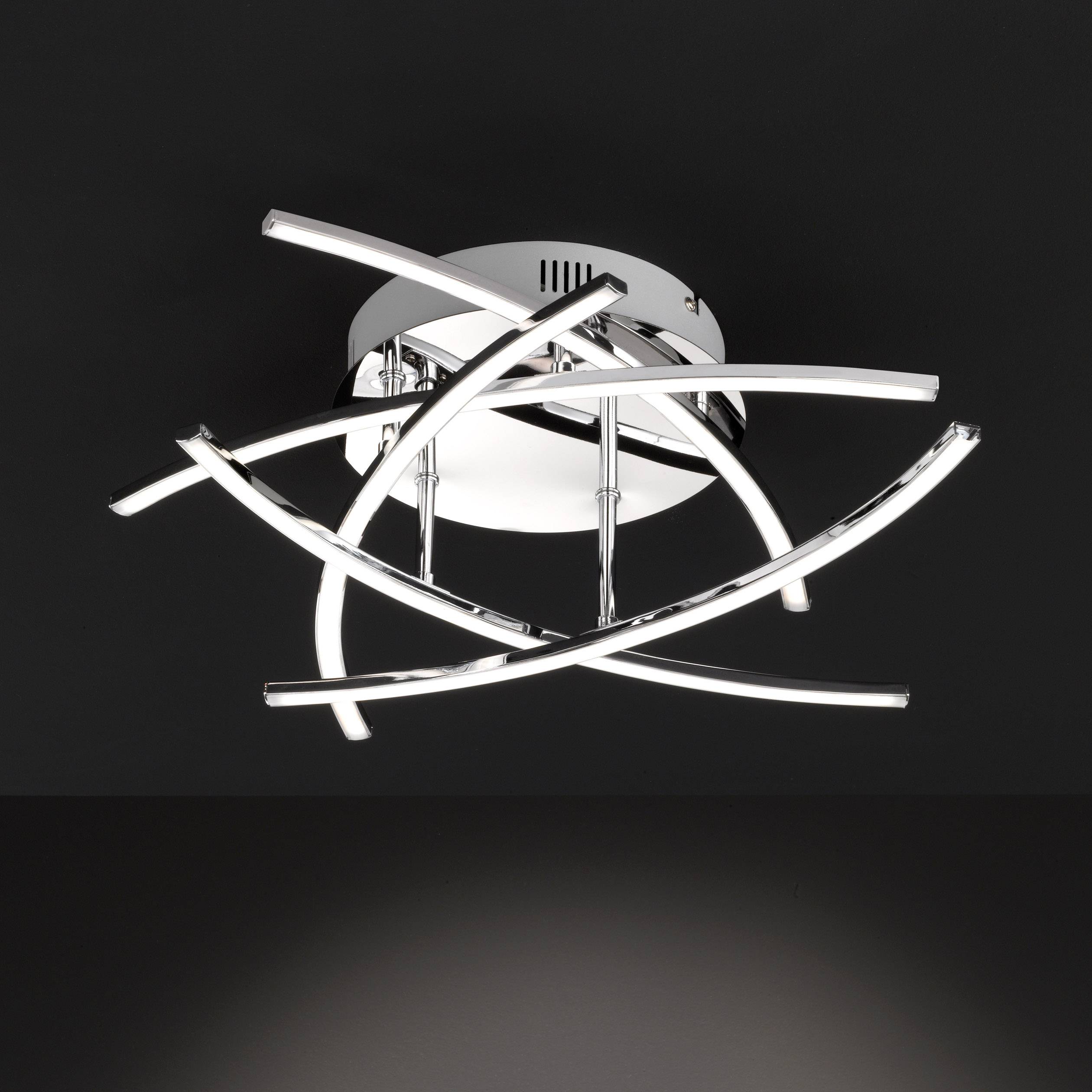 A modern ceiling light with crossed LED light bars, presenting an elegant, futuristic design against a dark background.